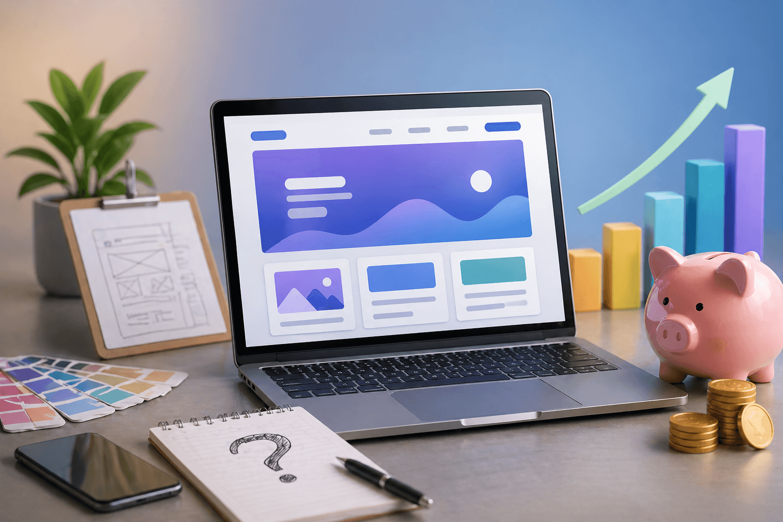 Laptop showing a website mockup on a desk with color swatches, design notes, an upward-trending bar chart, and a piggy bank with coins, illustrating the cost of website design