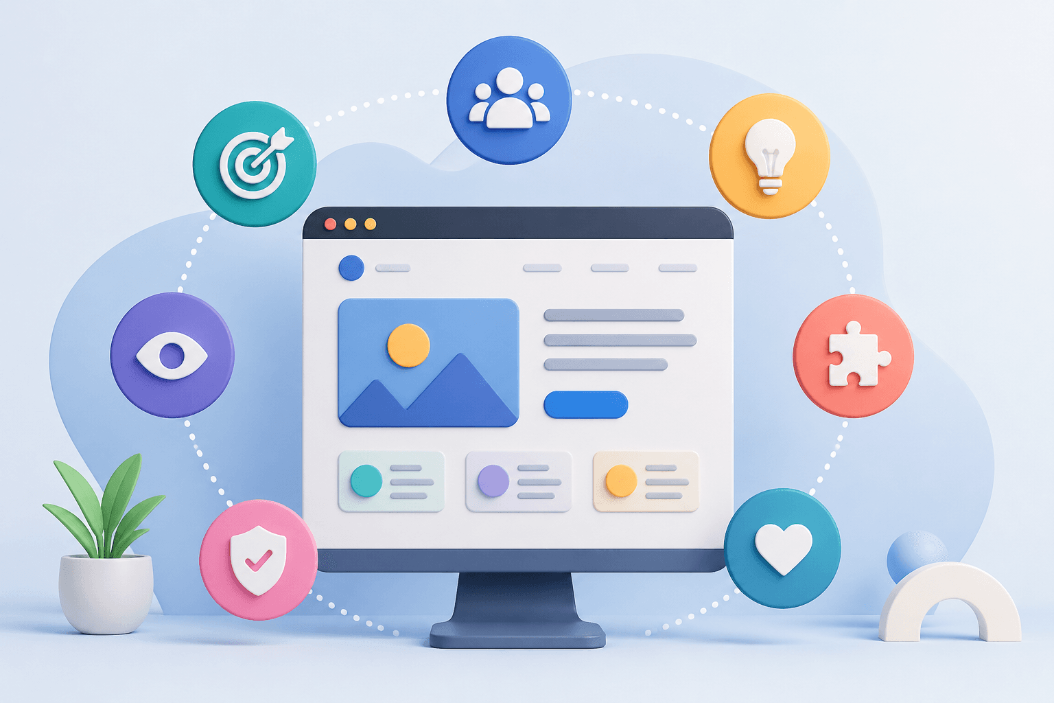 Illustration of a website on a monitor surrounded by seven icons representing the 7 C's of web design.