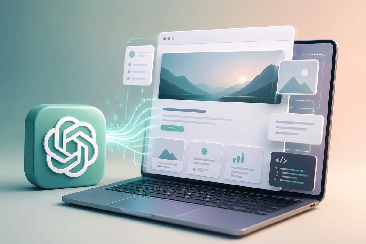 Illustration of a laptop displaying a website with the ChatGPT logo floating beside it