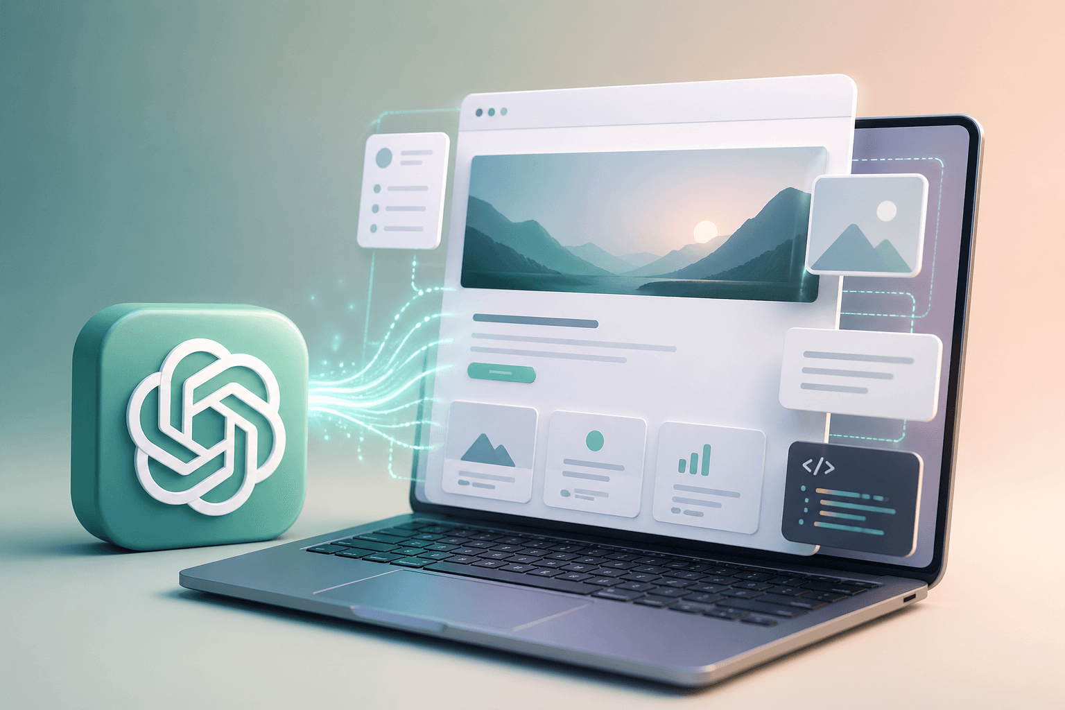 Illustration of a laptop displaying a website with the ChatGPT logo floating beside it