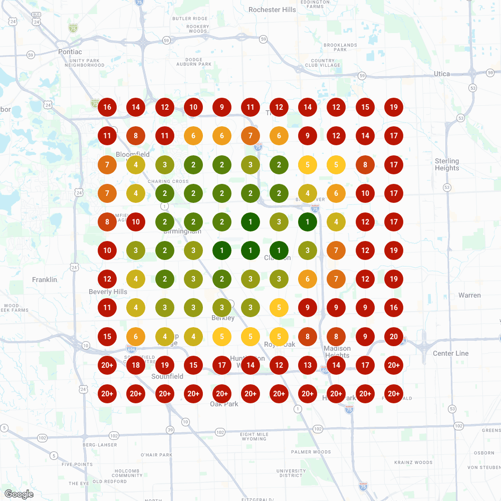 rank map showing search results for google business profiles for junk removal in metro detroit