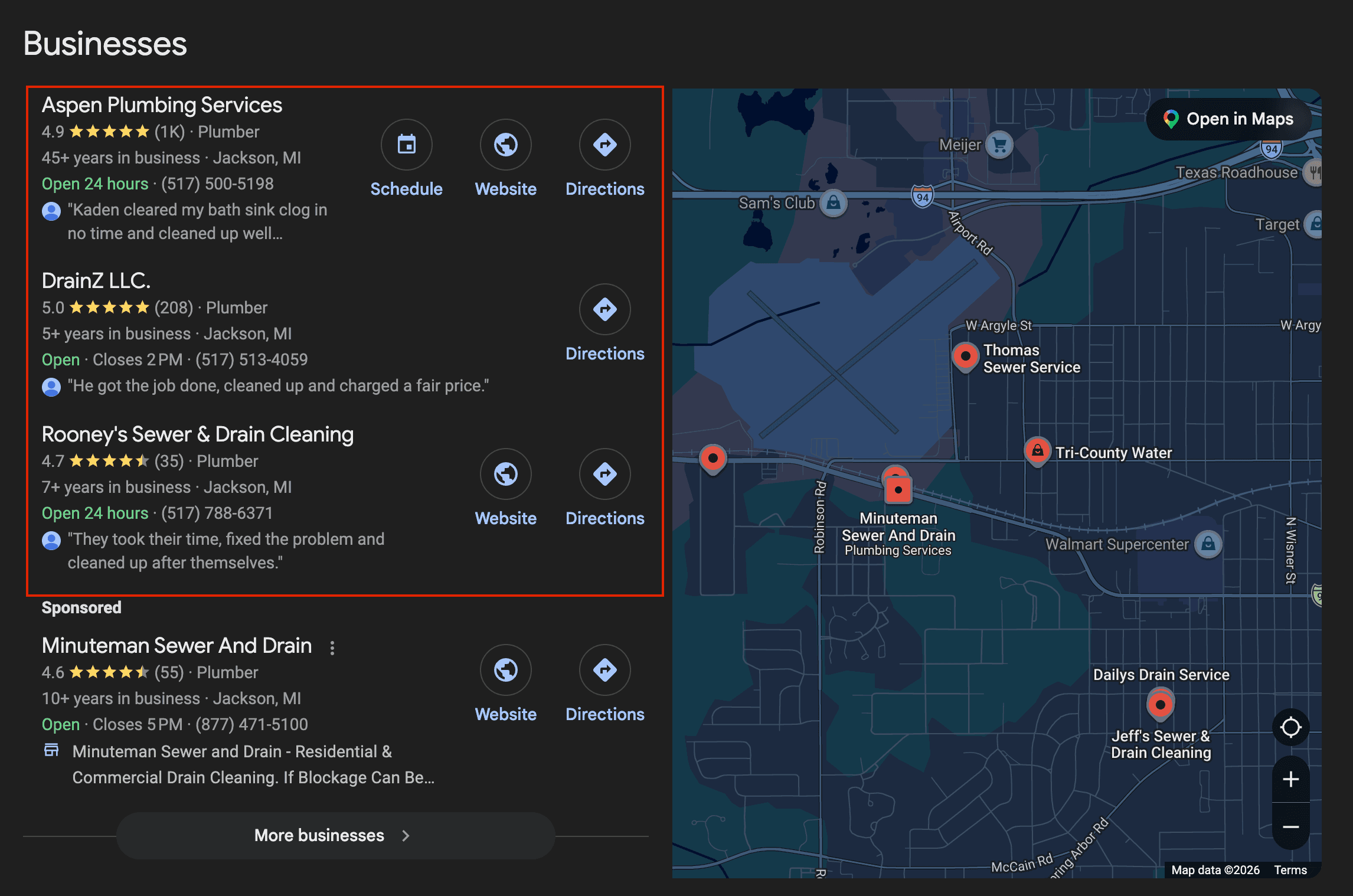 map pack of top google business profiles for plumbers in jackson mi