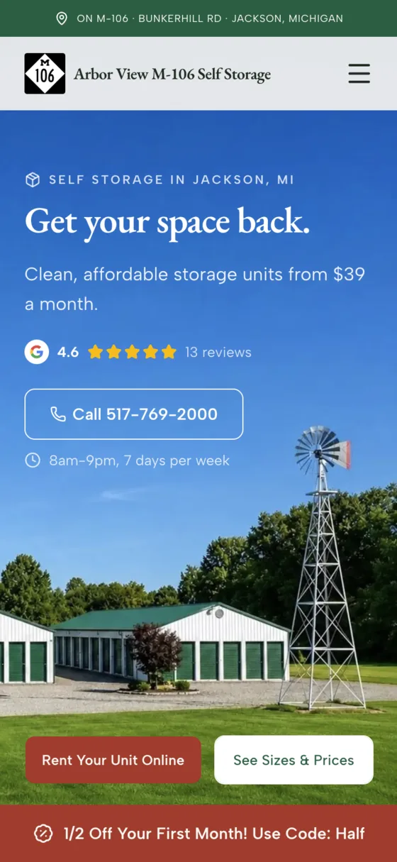Arbor View M-106 Self Storage website on a phone