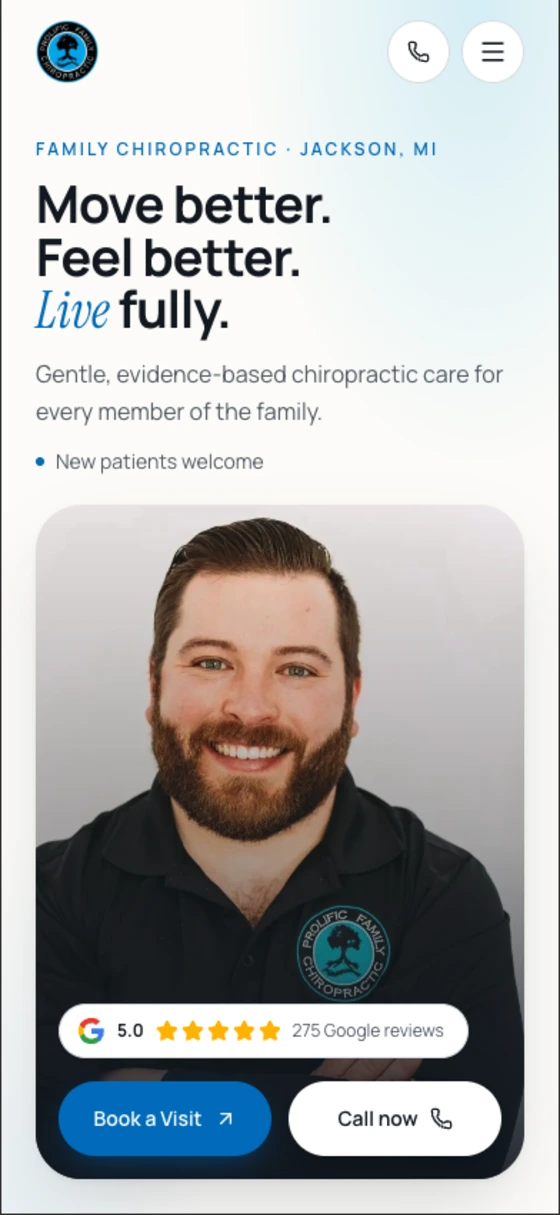 Prolific Family Chiropractic website on a phone